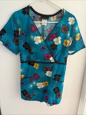 Cherokee Teal Floral Wrap-Style Women's Scrub Top